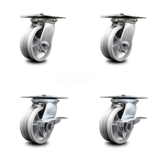 5 Inch V Groove Semi Steel Swivel Caster Set with Ball Bearings 2 Brakes SCC